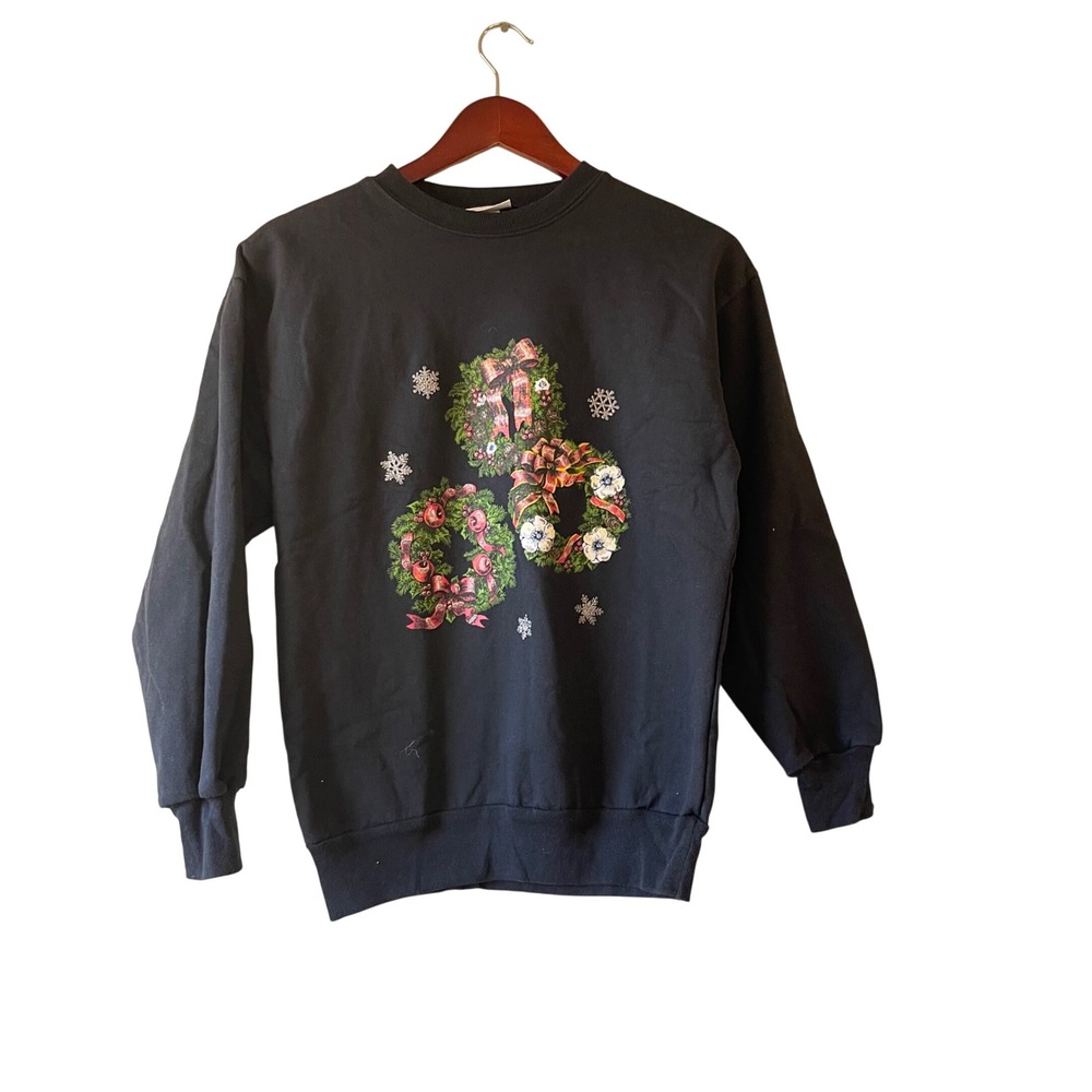 Vintage Black‎ Christmas Wreath Snowflake Sweatshirt Women's XSmall